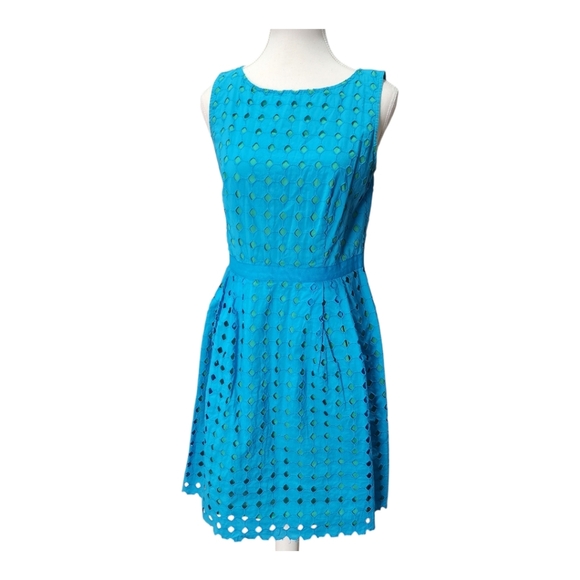 Loft Ann Taylor Elegant Aqua Blue Green Eyelet Sleeveless Dress Size 6 - Picture 5 of 9